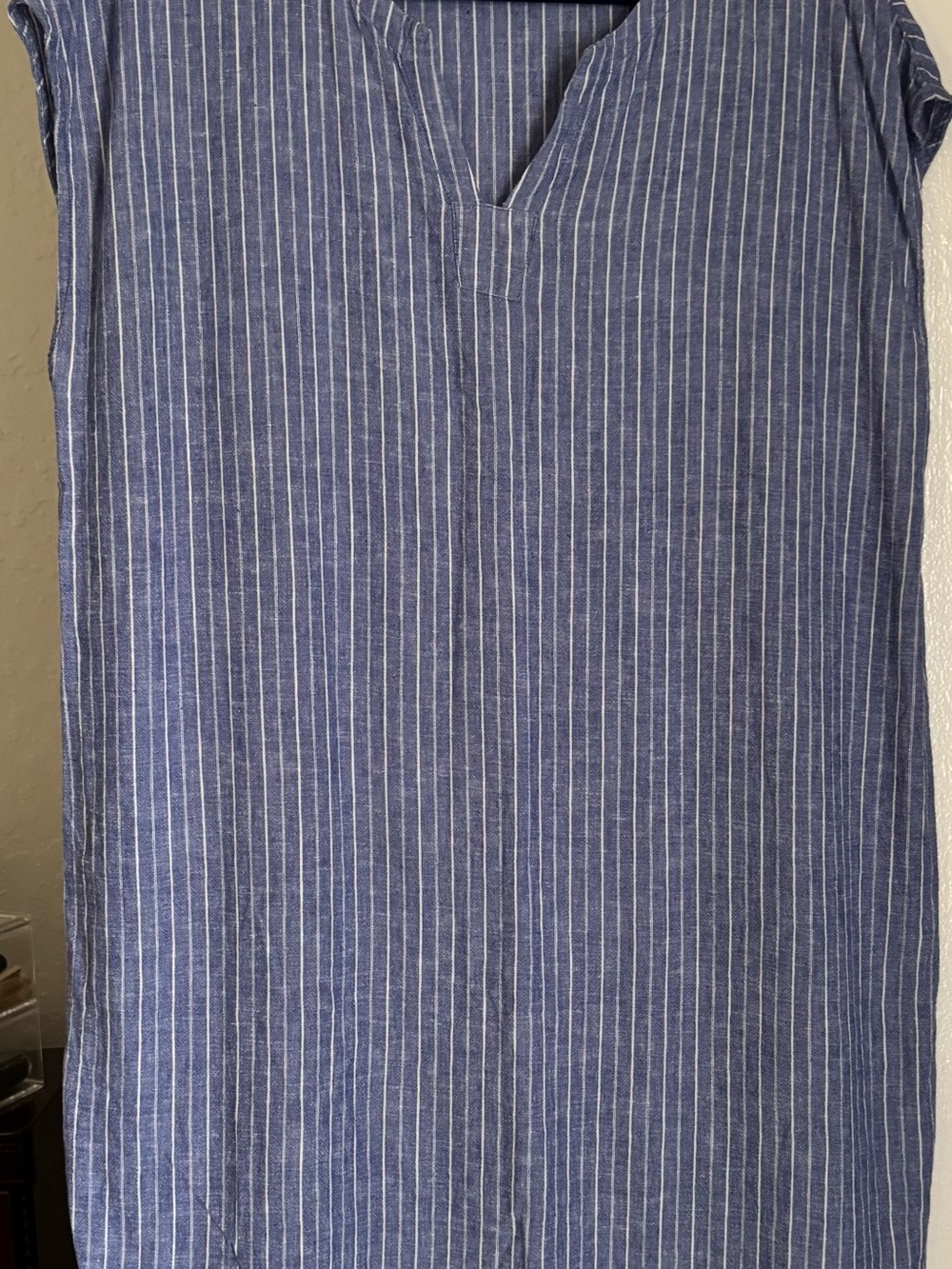 NIC+ZOE Blue and White Vertical-Stripe V-Neck Button-Down dress.